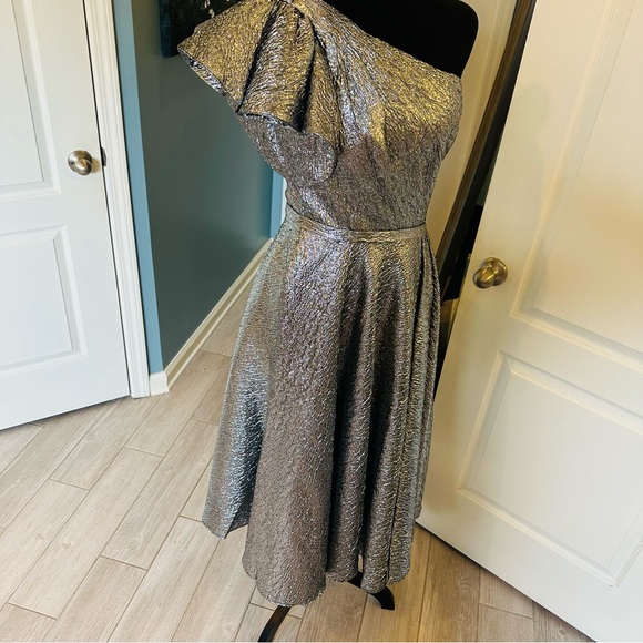 Mac Duggal Dress Silver 6 One Shoulder Bow Midi Gown Ruffle 67906 New - Picture 7 of 13